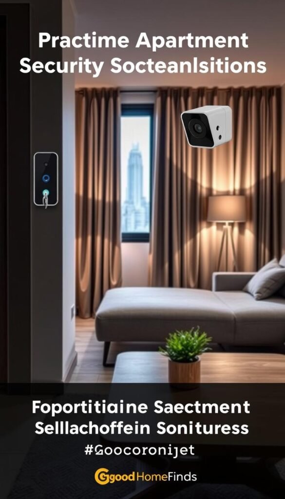 A cozy, modern apartment living room with an emphasis on security features, showcasing a sleek smart doorbell and a compact camera mounted at an angle on the wall. In the foreground, a stylish coffee table is adorned with a small plant and a key holder. The middle ground features a comfortable couch and a well-lit area with an elegant lamp, contributing to a warm atmosphere. In the background, curtains drawn slightly reveal an inviting view of the outside world, hinting at urban life. Soft, natural light streams in through a window, creating a welcoming ambiance. The overall mood is secure yet homely, reflecting practical apartment security solutions that enhance safety without the need for renovations. GoodHomeFinds logo subtly indicated.