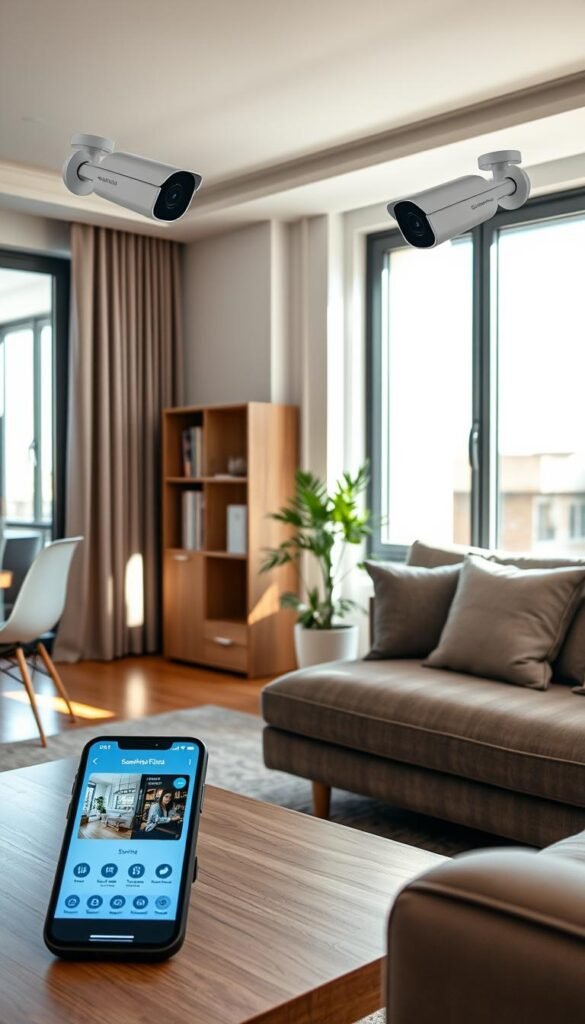A cozy modern apartment living space showcasing sleek, unobtrusive security cameras discreetly mounted in various corners. In the foreground, a stylish coffee table is adorned with a smartphone displaying a smart home app interface, while a minimalist sofa sits nearby. The middle of the scene features a contemporary bookshelf and a potted plant, creating a welcoming and secure atmosphere. In the background, large windows allow soft, natural light to fill the room, casting gentle shadows that enhance the tranquility of the space. The overall mood exudes comfort and safety, highlighting the balance between technology and home life. The image reflects a Pinterest-style, lifestyle photo, showcasing the "GoodHomeFinds" brand seamlessly integrated into the apartment's design.
