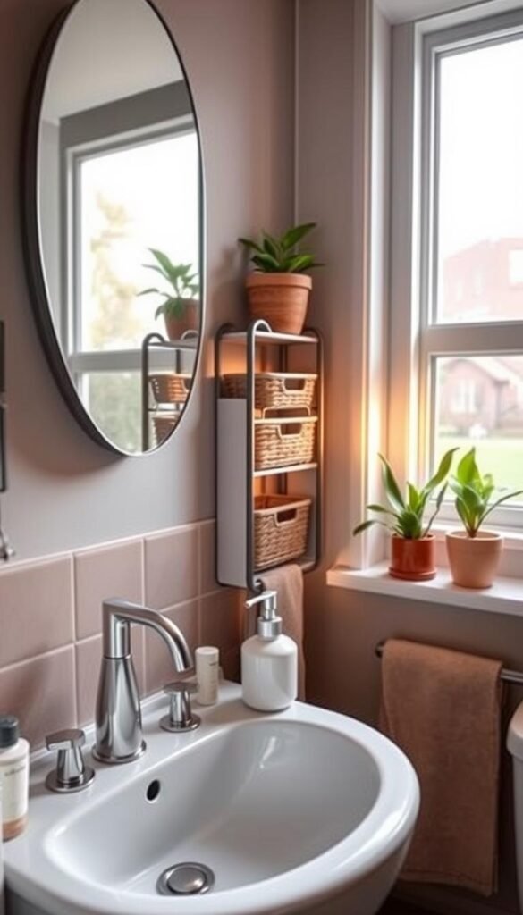 A cozy, modern bathroom grab zone featuring a tiny sink with smart, vertical storage solutions. In the foreground, an elegant ceramic soap dispenser and neatly arranged toiletries are easily accessible. The middle ground showcases a compact shelf with organized baskets and a small mirror reflecting soft, natural light from a nearby window. The background hints at gentle, earthy tones with potted plants adorning the space. The overall atmosphere is serene and inviting, exuding a sense of calm and order. Use warm, diffused lighting for a soft glow that enhances the inviting ambiance, captured from a slightly elevated angle. The scene embodies stylish storage solutions, ideal for anyone looking to optimize their small bathroom space. Brand name: GoodHomeFinds.
