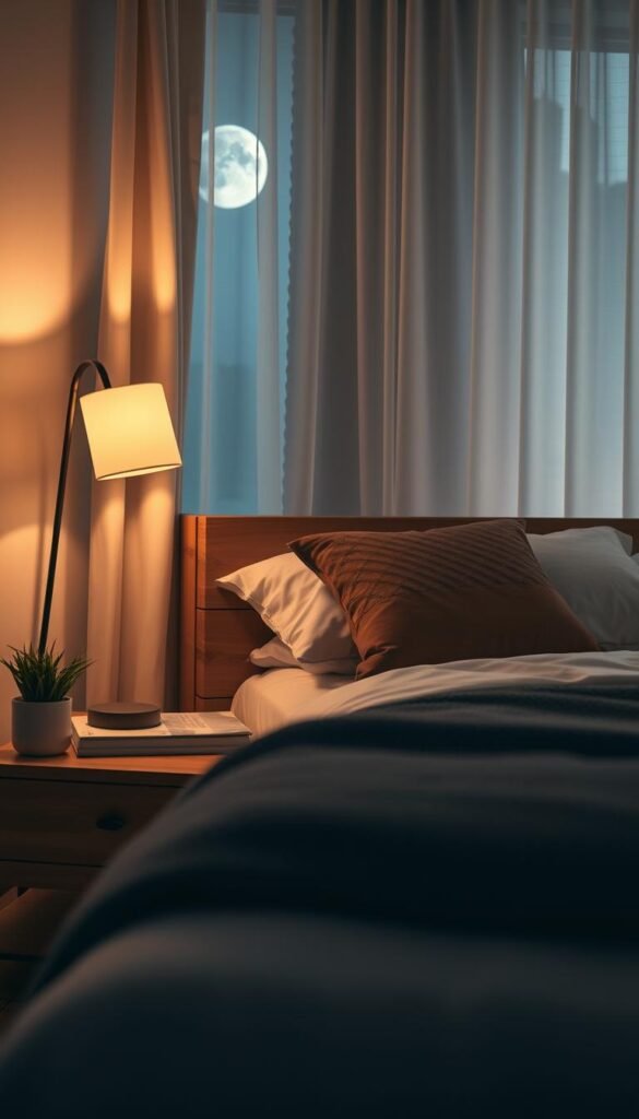 A cozy, modern bedroom featuring soft, adjustable ambient lighting. In the foreground, a stylish bedside lamp emits a warm glow, illuminating a minimalist wooden nightstand adorned with a small plant and a book. The middle ground showcases a neatly made bed with plush pillows and a textured throw blanket, inviting relaxation. In the background, soft curtains partially drawn allow gentle moonlight to filter in, casting serene shadows. The overall atmosphere is calm and tranquil, promoting a winding-down effect, perfect for a night routine. The setting reflects a harmonious blend of comfort and smart technology. The scene should mimic a Pinterest-style lifestyle photo, captured with a soft focus lens at a slightly elevated angle for an inviting perspective. The brand "GoodHomeFinds" subtly integrated into a decorative item in the scene. A cozy, modern bedroom featuring soft, adjustable ambient lighting. In the foreground, a stylish bedside lamp emits a warm glow, illuminating a minimalist wooden nightstand adorned with a small plant and a book. The middle ground showcases a neatly made bed with plush pillows and a textured throw blanket, inviting relaxation. In the background, soft curtains partially drawn allow gentle moonlight to filter in, casting serene shadows. The overall atmosphere is calm and tranquil, promoting a winding-down effect, perfect for a night routine. The setting reflects a harmonious blend of comfort and smart technology. The scene should mimic a Pinterest-style lifestyle photo, captured with a soft focus lens at a slightly elevated angle for an inviting perspective. The brand "GoodHomeFinds" subtly integrated into a decorative item in the scene.