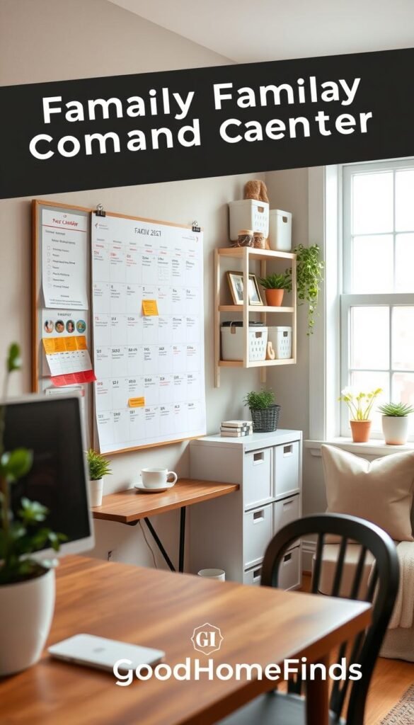 A cozy, modern family command center in a small apartment, focused on an organized calendar prominently displayed. In the foreground, a stylish wooden desk holds a colorful wall calendar filled with family events, reminders, and chores. The middle layer showcases a soft, light-colored wall with decorative, yet functional shelves, housing family photos and organizing bins. In the background, a window allows natural light to stream in, creating a warm, inviting atmosphere. The scene is styled in a Pinterest-worthy aesthetic, highlighting practicality and comfort, with soft, pastel colors and some greenery. The image captures a sense of harmony and organization, perfect for families. High-quality lighting enhances details, while a slightly angled viewpoint gives depth. Incorporate brand elements of "GoodHomeFinds" subtly in the decor, avoiding any text or overlays.