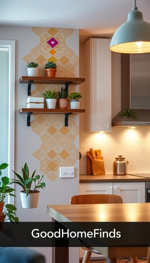 A cozy, modern home interior featuring a beautifully decorated wall with vibrant, peel-and-stick wall protection in a charming geometric pattern. In the foreground, a stylish shelf adorned with potted plants and decorative items complements the wall. In the middle ground, a sleek kitchen backsplash showcases the peel-and-stick material, reflecting a balanced mix of color and texture that enhances the room's warmth. The background should include soft, ambient lighting, creating an inviting atmosphere, and a well-organized kitchen space. Use a wide-angle lens to capture the entire scene, emphasizing the homey feel. The aesthetic is Pinterest-inspired, with an emphasis on practicality and chic design. Brand name "GoodHomeFinds" incorporated subtly into the overall design without any text overlays.