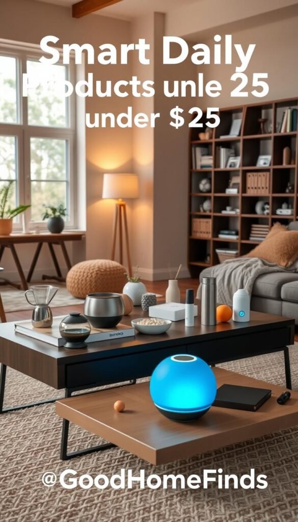 A cozy, modern home interior showcasing smart daily products under $25, focusing on functionality and style. In the foreground, a stylish coffee table adorned with innovative kitchen gadgets and eco-friendly home items, and a soft textured rug beneath. In the middle, a comfortable living space featuring a sleek smart lamp and an organized bookshelf filled with practical smart devices. In the background, a large window allows natural light to pour in, enhancing the inviting atmosphere. The overall mood is warm, welcoming, and contemporary, perfect for a Pinterest-inspired lifestyle aesthetic. Shot with a wide-angle lens to capture the expansive feel, highlighting the tasteful decor. Include a subtle branding element with "GoodHomeFinds" woven into the scene.