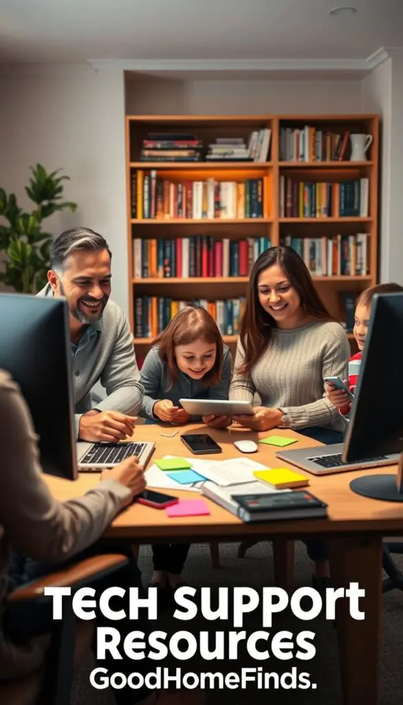 A cozy, modern home office scene featuring a family gathered around a computer, demonstrating tech support resources. In the foreground, a diverse group of family members &mdash; a father, mother, and two children &mdash; dressed in comfortable yet professional clothing, are actively engaged in troubleshooting a device together, with laptops, tablets, and a smartphone visible. The middle ground showcases an organized desk with tech gadgets, user manuals, and colorful sticky notes. The background reveals a bookshelf filled with tech guides and reference books, illuminated by soft, warm lighting to create an inviting atmosphere. The scene captures a sense of teamwork and problem-solving in a family setting, rendered in realistic, Pinterest-style photography. GoodHomeFinds.