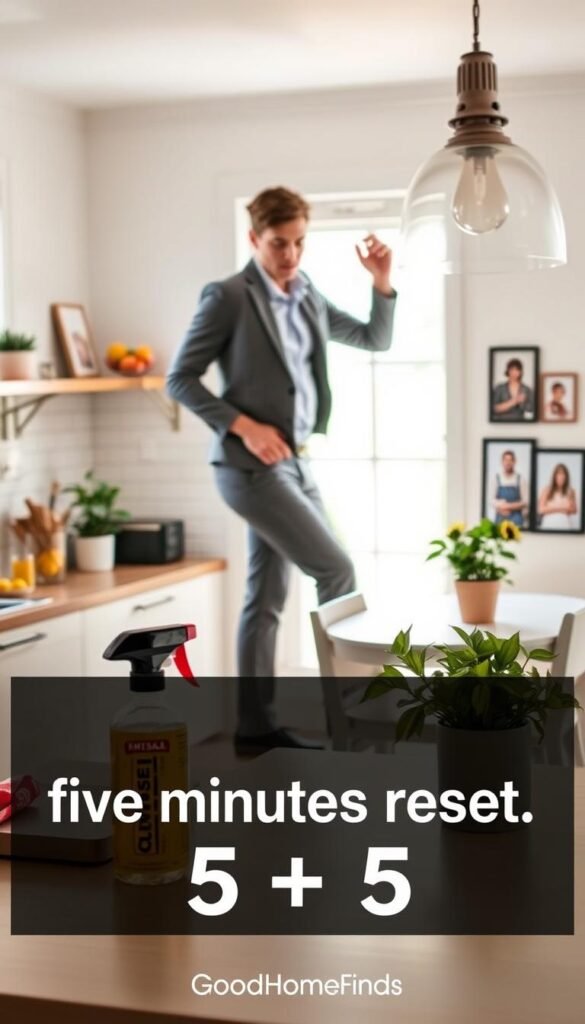 A cozy, modern kitchen bathed in soft natural light, featuring a person in smart casual attire, energetically tidying up the space. In the foreground, a neatly organized countertop with a few cleaning supplies like a spray bottle and a cloth, suggesting the "five minutes reset" idea. The middle ground shows an open space with brightly colored fruit and plants, adding liveliness. In the background, cheerful family photos and a well-maintained dining area evoke a sense of warmth and home cleanliness. The atmosphere is inviting and inspiring, highlighting the ease of maintaining a tidy home with the 5+5 cleaning method. The image embodies a stylish living space, reminiscent of Pinterest aesthetics, capturing the practical yet appealing lifestyle of "GoodHomeFinds".
