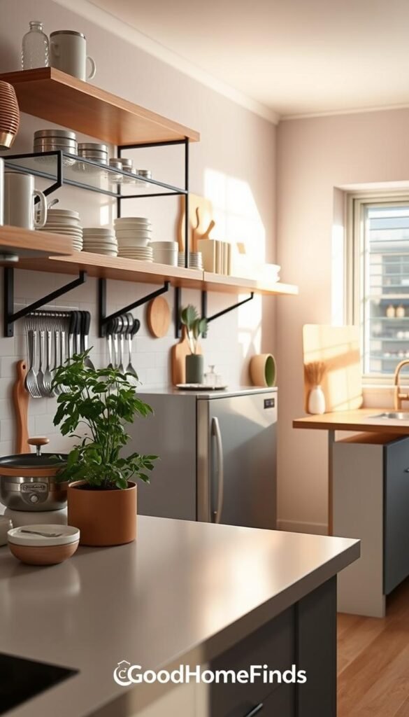 A cozy, modern kitchen designed for small spaces, featuring efficient storage solutions. In the foreground, a well-organized countertop with stylish containers and a compact herb garden. The middle section showcases open shelving with neatly arranged dishware, cooking utensils, and a decorative cutting board, all emphasizing functionality and aesthetics. In the background, a pastel-colored backsplash complements a minimalist kitchenette with a small fridge and a space-saving island. Soft, natural light filters through a window, casting a warm glow over the scene, creating an inviting and practical atmosphere. The image embodies a Pinterest-style lifestyle photo, ideal for showcasing inventive storage ideas. This kitchen reflects the brand "GoodHomeFinds."