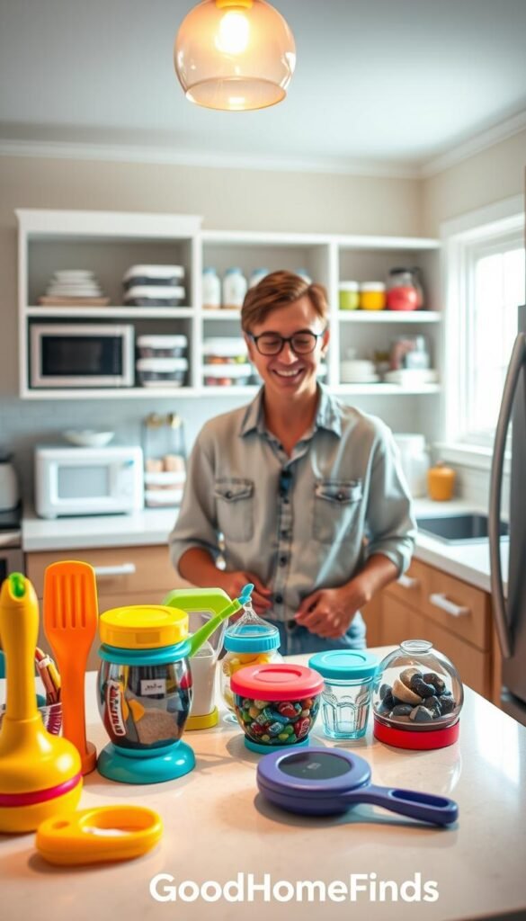 A cozy, modern kitchen featuring a "Budget Hero" character, a smiling person dressed in modest casual clothing, examining various smart kitchen gadgets and storage solutions that save time. In the foreground, vibrant kitchen tools and efficient organizational items are arranged neatly on a countertop. The middle ground showcases a well-organized pantry with labeled containers and space-saving appliances, while the background reveals a bright, inviting kitchen with natural light streaming through a window. Soft, warm lighting creates an uplifting atmosphere, emphasizing practicality and creativity. The image embodies the spirit of "GoodHomeFinds," inviting viewers to explore ingenious solutions for home efficiency. A cozy, modern kitchen featuring a "Budget Hero" character, a smiling person dressed in modest casual clothing, examining various smart kitchen gadgets and storage solutions that save time. In the foreground, vibrant kitchen tools and efficient organizational items are arranged neatly on a countertop. The middle ground showcases a well-organized pantry with labeled containers and space-saving appliances, while the background reveals a bright, inviting kitchen with natural light streaming through a window. Soft, warm lighting creates an uplifting atmosphere, emphasizing practicality and creativity. The image embodies the spirit of "GoodHomeFinds," inviting viewers to explore ingenious solutions for home efficiency.