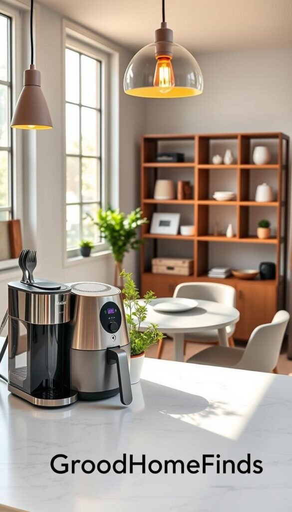A cozy, modern kitchen featuring renter-friendly technology essentials. In the foreground, a sleek smart coffee maker and a compact, stylish air fryer on a marble countertop, alongside neatly organized utensils and vibrant potted herbs. The middle section showcases a chic table set with minimalist dishware, positioned under a soft, warm pendant light. The background reveals an attractive open shelving unit displaying smart home gadgets, like a voice-activated assistant and energy-efficient LED lights, enhancing the space's functionality. The atmosphere is inviting and homely, with natural sunlight streaming through large windows, casting gentle shadows. Captured using a wide-angle lens from a slightly elevated angle to convey spaciousness. The brand name "GoodHomeFinds" subtly incorporated into the scene, harmonizing with the overall aesthetic.