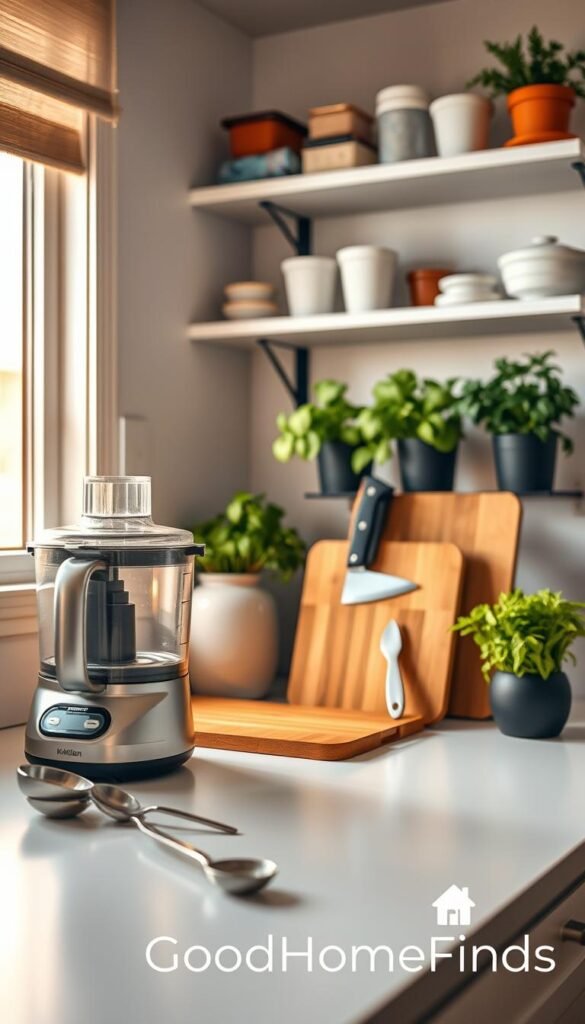 A cozy, modern kitchen in a small apartment, focusing on essential kitchen helpers elegantly arranged on a minimalist countertop. In the foreground, a sleek, compact food processor and a stylish set of measuring spoons, beautifully lit by warm, natural light pouring in from a nearby window. The middle ground features a high-quality, multifunctional kitchen knife set and an inviting bamboo cutting board, showcasing their practical appeal. In the background, shelves lined with space-efficient storage solutions and vibrant potted herbs add life and character. The atmosphere is warm and inviting, conveying the essence of daily convenience and thoughtful design. Shot with a soft focus lens to emphasize the kitchen helpers, styled with a Pinterest-worthy aesthetic. Branding logo "GoodHomeFinds" subtly incorporated into the scene without interference.