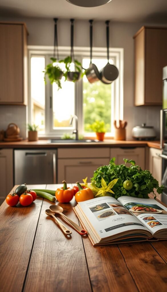 A cozy, modern kitchen scene capturing practical budget-friendly inspiration. In the foreground, a rustic wooden dining table is adorned with colorful vegetables, measuring spoons, and a well-loved, open cookbook featuring vibrant, healthy recipes. The middle ground showcases sleek kitchen cabinets, a small herb garden on the windowsill, and hanging pots and pans. The background reveals a bright window bathing the room in warm, natural light, enhancing the inviting atmosphere. The scene is styled for Pinterest inspiration, with a clean and organized look, highlighting affordability and functionality. Use a wide-angle lens to encompass the entire space, with a soft focus on the background for a dreamy effect. Ideal for "GoodHomeFinds," conveying a sense of creativity in everyday cooking.