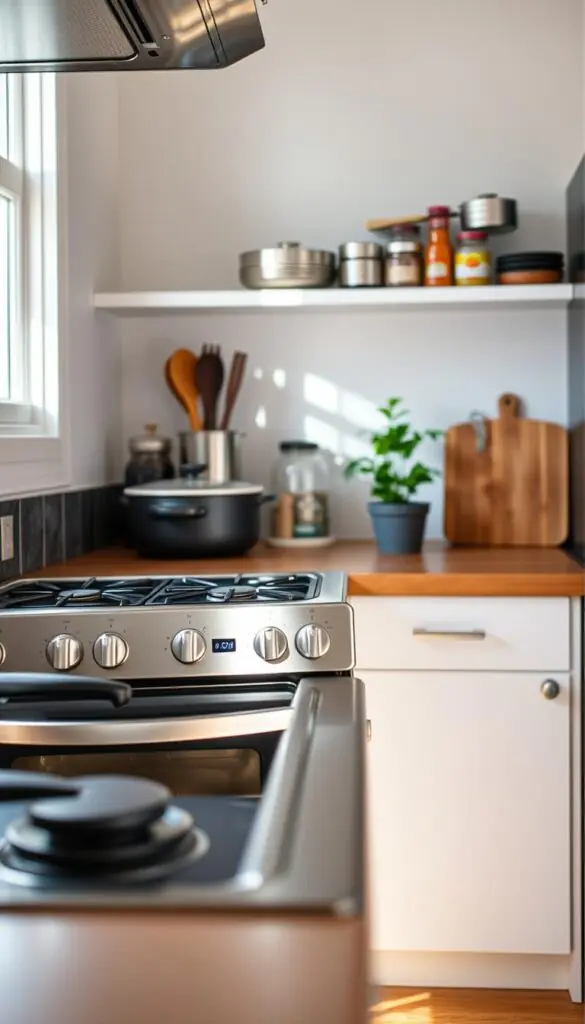 A cozy, modern kitchen scene featuring a compact oven and stove arrangement designed for a tiny space. The foreground showcases a sleek, stainless steel stove with multiple burners and a built-in oven beneath, polished and reflecting soft ambient lighting. In the middle ground, a small, functional countertop is adorned with kitchen utensils and a potted herb plant, enhancing the homey atmosphere. The background displays minimalist shelving with neatly stacked cookware and vibrant spices, emphasizing practicality in limited space. Soft, natural light filters through a nearby window, casting gentle shadows and creating a warm, inviting mood. This Pinterest-style lifestyle photo captures the essence of efficient and stylish cooking setups for small kitchens, highlighting the brand &ldquo;GoodHomeFinds.&rdquo;