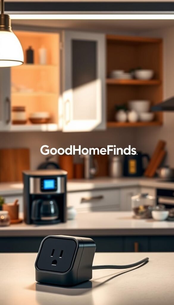 A cozy, modern kitchen scene featuring a stylish kitchen smart plug and sleek smart lighting system. The smart plug is positioned on a countertop, showcasing its compact design and user-friendly interface, while the smart lighting illuminates the space, creating a warm ambiance. In the foreground, a coffee maker and various kitchen gadgets are subtly arranged, highlighting the utility of the smart plug. The middle background includes cabinetry with well-organized kitchen items, and a large window allowing soft, natural daylight to flood in, enhancing the inviting atmosphere. The overall mood is contemporary and functional, embodying the ideal of smart home convenience. The brand "GoodHomeFinds" subtly integrated within the kitchen setting.