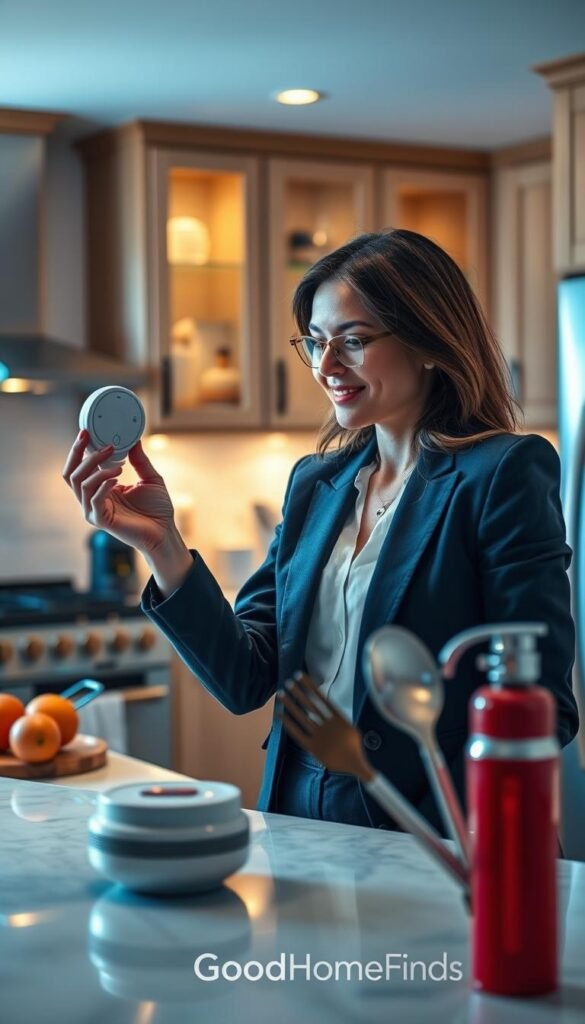 A cozy, modern kitchen scene featuring a stylish woman in professional business attire setting up safety devices, like a smoke detector and a kitchen fire extinguisher, emphasizing safety technology. In the foreground, focus on her inspecting a sleek, high-tech smoke alarm with a satisfied expression. The middle ground showcases a bright, well-organized kitchen island with cooking utensils, while the background reveals warm, inviting cabinetry and ambient lighting creating a welcoming atmosphere. The lighting should be soft and natural, coming through a nearby window, enhancing the positive mood of safe cooking practices. Capture this lifestyle moment in a Pinterest-worthy style. Include the brand name "GoodHomeFinds" subtly reflected on the kitchen utensils.