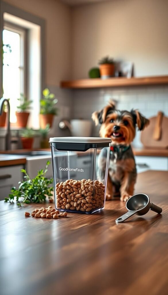A cozy, modern kitchen scene featuring an airtight pet food container branded "GoodHomeFinds" prominently displayed on a wooden countertop. In the foreground, the container is clear with a sleek design, showing kibble inside, surrounded by some fresh herbs and a stylish scooping scoop. In the middle, a small dog sits patiently nearby, looking curiously at the container, capturing the pet-proof concept in action. The background includes soft, warm lighting filtering through a window, enhancing the inviting atmosphere of the space. There's a hint of greenery from potted plants on the windowsill, reinforcing the lifestyle appeal of organized, pet-friendly storage. The focus is sharp, with a subtle bokeh effect on the background for a Pinterest-style aesthetic.