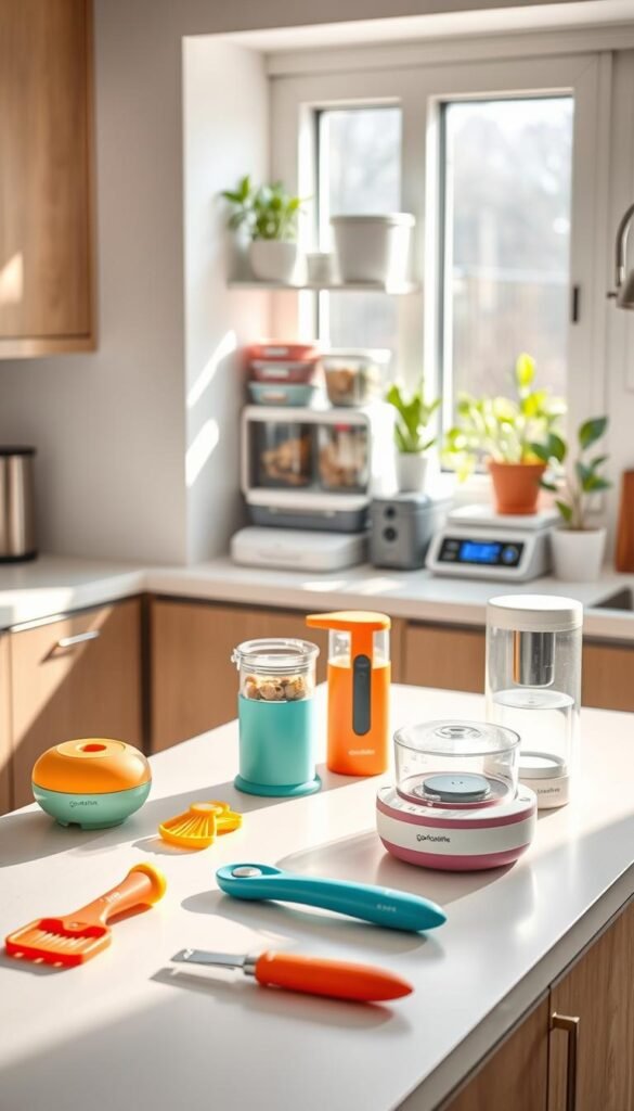 A cozy, modern kitchen scene showcasing an array of innovative time-saving home tools designed for a hassle-free lifestyle. In the foreground, a sleek countertop displays colorful kitchen gadgets like a multi-function peeler, a smart food processor, and a compact vacuum sealer from the brand "GoodHomeFinds". In the middle, a well-organized storage shelf features efficient smart containers and a digital kitchen scale, creating an atmosphere of productivity. The background reveals sunlight streaming through a window, illuminating plants on the sill, enhancing the inviting feel. The overall mood is warm and inspirational, suggesting ease and efficiency in everyday tasks. The scene is captured with soft, natural lighting and a slightly elevated angle to emphasize the tools' usability and design. A cozy, modern kitchen scene showcasing an array of innovative time-saving home tools designed for a hassle-free lifestyle. In the foreground, a sleek countertop displays colorful kitchen gadgets like a multi-function peeler, a smart food processor, and a compact vacuum sealer from the brand "GoodHomeFinds". In the middle, a well-organized storage shelf features efficient smart containers and a digital kitchen scale, creating an atmosphere of productivity. The background reveals sunlight streaming through a window, illuminating plants on the sill, enhancing the inviting feel. The overall mood is warm and inspirational, suggesting ease and efficiency in everyday tasks. The scene is captured with soft, natural lighting and a slightly elevated angle to emphasize the tools' usability and design.