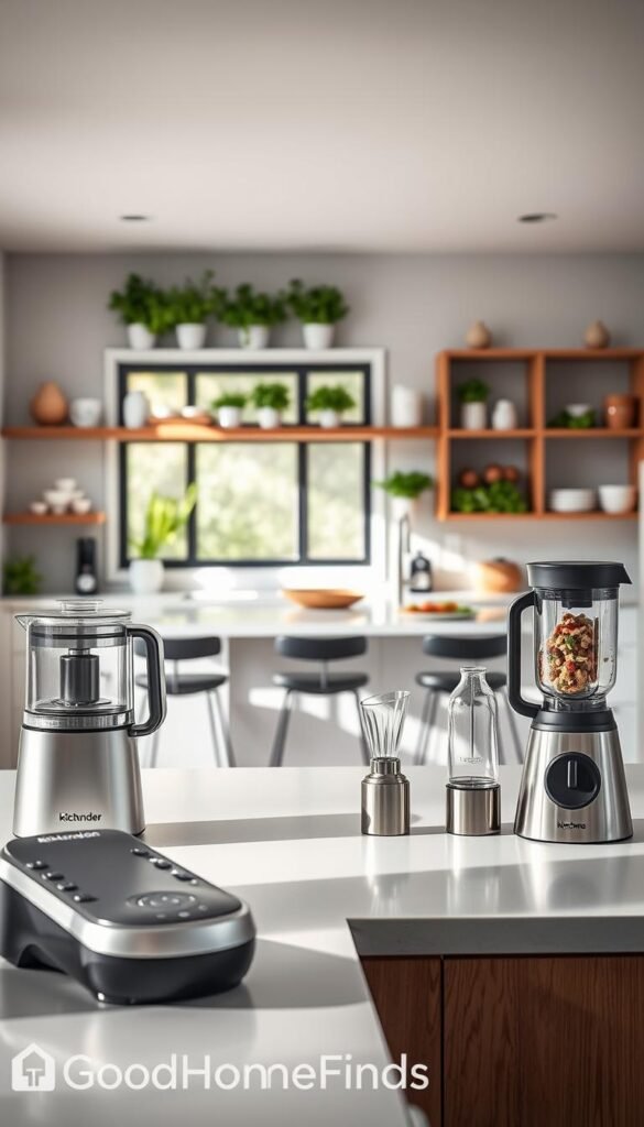 A cozy, modern kitchen scene that emphasizes the importance of space for cooking and gadget organization. In the foreground, a sleek countertop features stylish kitchen gadgets such as a compact food processor, an innovative coffee maker, and an elegant blender, all neatly arranged. In the middle ground, a spacious kitchen island invites culinary creativity, surrounded by barstools. The background showcases open shelves filled with fresh herbs and chic storage containers. Soft, natural lighting filters through a large window, creating a warm and inviting atmosphere, while highlighting the gadgets. The lens captures the scene from a slightly elevated angle, providing depth and a sense of openness. The overall mood is practical yet stylish, making it ideal for real homes. This image is branded with "GoodHomeFinds."