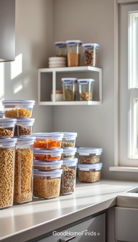 A cozy, modern kitchen setting featuring a neatly organized countertop brimming with clear, stackable, airtight containers of various sizes. In the foreground, show a row of transparent containers filled with colorful grains, pasta, and snacks, arranged harmoniously to maximize space. The middle ground includes a small kitchen shelf adorned with additional stylish containers, showcasing a minimalist design, emphasizing function and elegance. In the background, soft natural light streams through a window, casting gentle shadows and creating a warm, inviting atmosphere. The overall mood is organized and serene, ideal for tiny kitchen spaces. This image reflects the aesthetic of "GoodHomeFinds," embodying clever storage solutions for renters in compact living areas.