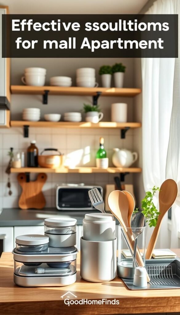 A cozy, modern kitchen space highlighting effective solutions for small apartments, emphasizing organization and functionality. In the foreground, sleek, space-saving kitchen gadgets such as stackable storage containers and minimalist utensil holders occupy a charming countertop. The middle layer showcases open shelves filled with neatly arranged dishes and essential cooking tools, while small potted herbs add a touch of green. The background features a light-filled window, draped with airy curtains, allowing sunlight to illuminate the scene. Use natural lighting to create a warm and inviting atmosphere, with a focus on textures like wood and ceramic. The overall mood is cheerful and practical, embodying the essence of "GoodHomeFinds."