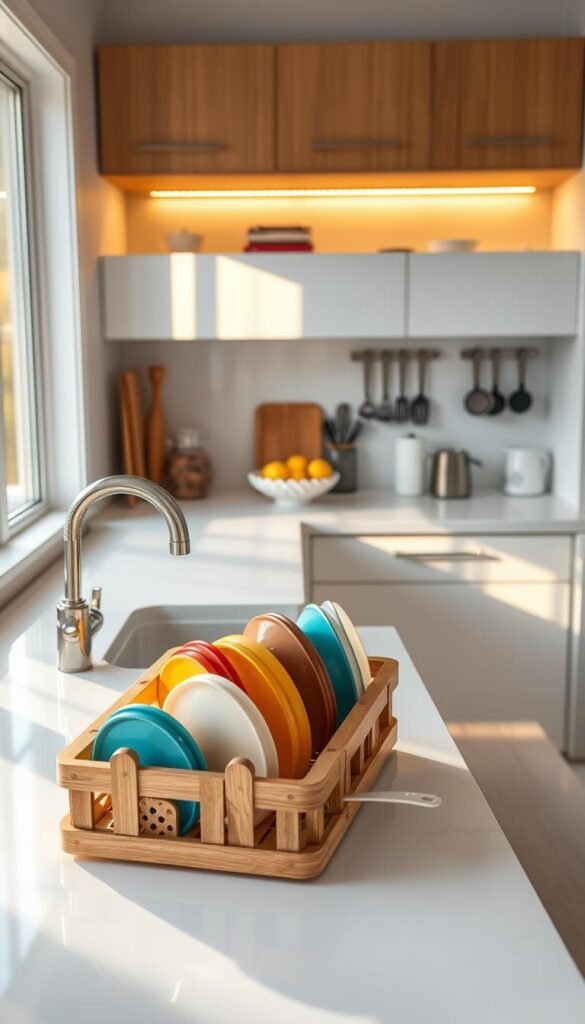 A cozy, modern kitchen with a pristine white color palette, featuring sparkling countertops and a neatly organized sink filled with freshly washed dishes. In the foreground, a wooden drying rack holds vibrant, colorful dishes resting in natural light. The middle ground showcases a tidy countertop adorned with a small, elegant fruit bowl and neatly arranged kitchen tools. The background reveals warm wooden cabinetry and softly glowing under-cabinet lighting, creating an inviting atmosphere. The angle captures the essence of an evening reset, with golden hour sunlight streaming in through a nearby window, casting gentle highlights and shadows. The overall mood is serene and refreshing, emphasizing simplicity and cleanliness, embodying the essence of a kitchen ready for a new day. GoodHomeFinds.