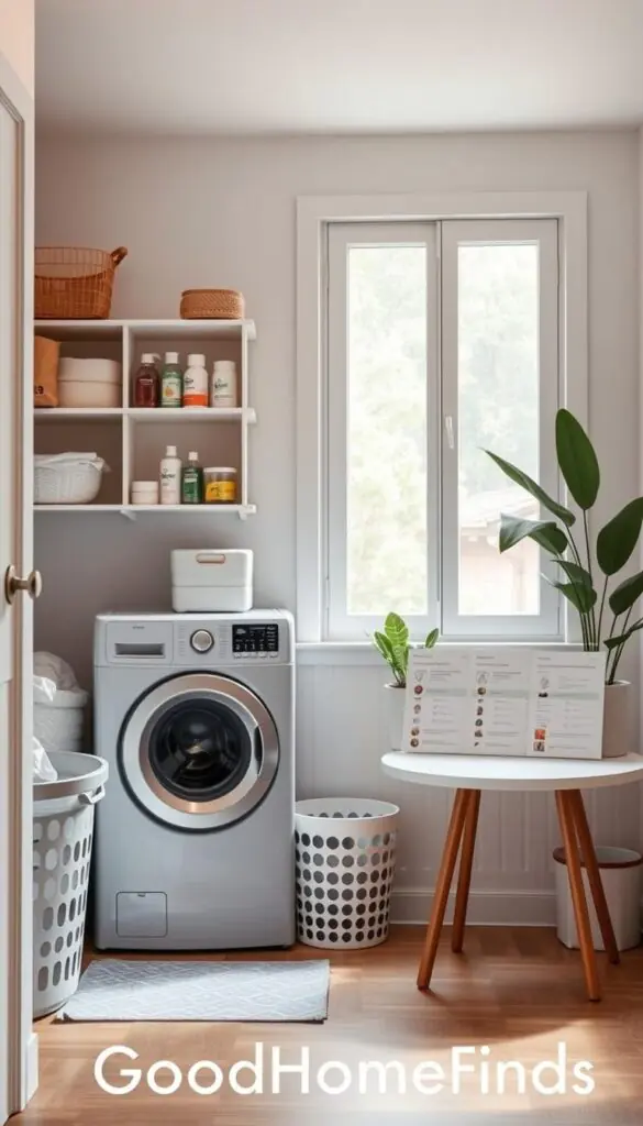 A cozy, modern laundry room designed for small homes, featuring a stylish layout that optimizes space. In the foreground, a sleek, stackable washer and dryer set, alongside a compact laundry basket and neatly organized shelves filled with cleaning supplies. In the middle ground, a side table displaying comparison tables with different laundry setups, showcasing options for various apartment sizes and lifestyles. The background features a large window letting in soft, natural light, illuminating the room's pastel color palette and minimalistic decor. Incorporate plants for a touch of greenery, creating a warm, inviting atmosphere. The scene should convey a sense of practicality and style, with a Pinterest-inspired aesthetic. Branded subtly with "GoodHomeFinds" integrated into the room design.