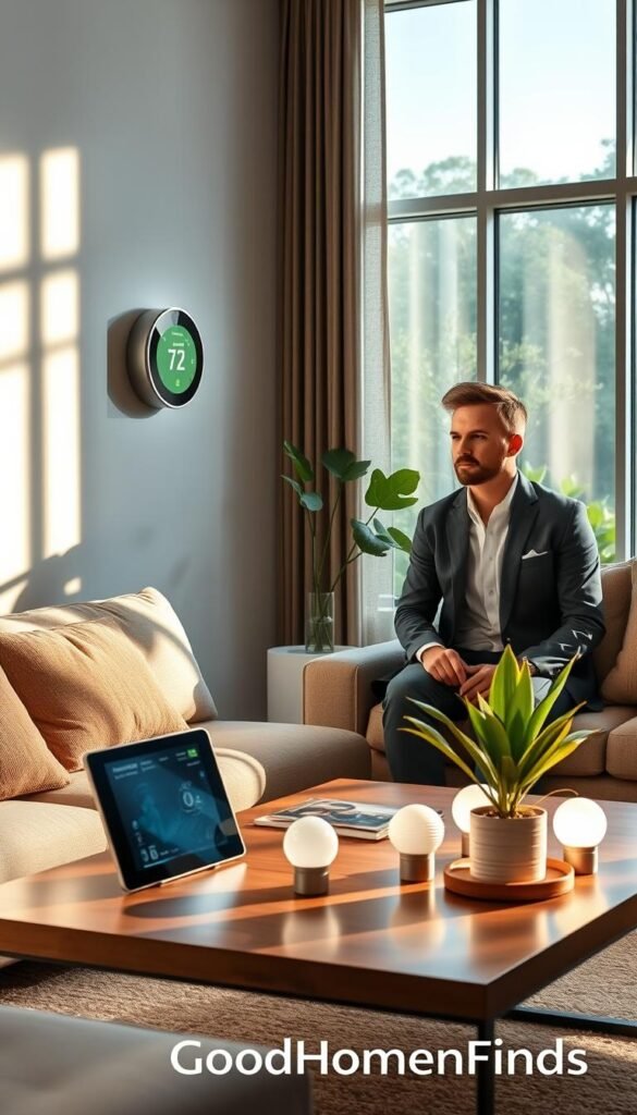 A cozy, modern living room bathed in soft, natural light, showcasing energy-saving gadgets like a smart thermostat on a sleek wall and energy-efficient LED light bulbs illuminating the space. A stylishly arranged coffee table features an energy monitor and a potted plant for a touch of warmth. In the background, large windows reveal a picturesque view of greenery, emphasizing sustainability. The mood is inviting and serene, with a clean aesthetic that promotes relaxation and conscious living. A professional, tastefully dressed individual, perhaps reviewing energy-saving options, adds a human touch. The composition is balanced, focusing on practicality and comfort, reflecting the brand "GoodHomeFinds."