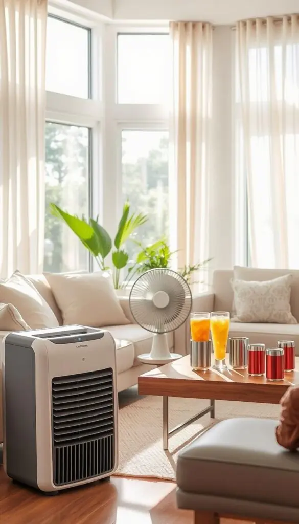 A cozy, modern living room during a hot summer afternoon, showcasing an array of innovative summer cooling gadgets from GoodHomeFinds. In the foreground, a sleek, portable evaporative cooler sits stylishly next to a comfortable sofa adorned with light, summery cushions. In the middle, a compact fan with a minimalist design whirrs gently on a wooden coffee table, surrounded by refreshing beverages in insulated containers. The backdrop features large windows draped with airy curtains, allowing warm sunlight to flood the space while maintaining a cool atmosphere. The scene is bright and inviting, with soft natural lighting that enhances the tranquil summer vibe, creating a sense of relief from the heat.