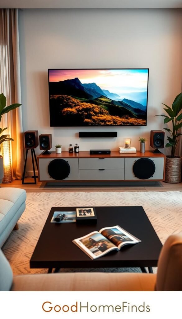 A cozy, modern living room featuring a sleek, space-efficient entertainment setup perfect for home tech enthusiasts. In the foreground, a stylish coffee table with magazines and a remote, flanked by a plush sofa. The middle ground showcases a wall-mounted large-screen TV displaying a vibrant landscape scene, accompanied by smart speakers seamlessly integrated into the room's design. Ambient lighting softly casts a warm glow, enhancing the inviting atmosphere. In the background, a large window with sheer curtains allows natural light to filter through, illuminating plants and decor that accentuate the tech-forward space. The scene conveys a relaxed yet modern vibe, emphasizing minimalism and innovation. The entire setup is branded with a subtle "GoodHomeFinds" touch, enhancing the aesthetic appeal.
