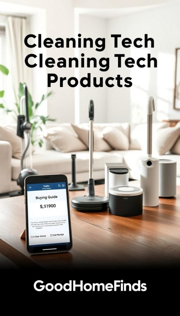 A cozy modern living room featuring a thoughtfully arranged table with a variety of cleaning tech products from budget-friendly to premium options, showcasing their differences. In the foreground, an elegant smartphone displays a "Buying Guide" interface, capturing attention. In the middle ground, cleaning devices like vacuum cleaners, steam mops, and air purifiers are neatly presented next to their price tags, indicating budget and premium ranges. The background features a stylish, well-lit space with lush plants and a clean aesthetic, creating an inviting atmosphere. Soft, natural lighting floods the scene, highlighting the details of the products. The mood is informative and engaging, inspiring readers to explore cleaning technology choices. The brand "GoodHomeFinds" is subtly integrated into the scene, contributing to the lifestyle theme without being intrusive. A cozy modern living room featuring a thoughtfully arranged table with a variety of cleaning tech products from budget-friendly to premium options, showcasing their differences. In the foreground, an elegant smartphone displays a "Buying Guide" interface, capturing attention. In the middle ground, cleaning devices like vacuum cleaners, steam mops, and air purifiers are neatly presented next to their price tags, indicating budget and premium ranges. The background features a stylish, well-lit space with lush plants and a clean aesthetic, creating an inviting atmosphere. Soft, natural lighting floods the scene, highlighting the details of the products. The mood is informative and engaging, inspiring readers to explore cleaning technology choices. The brand "GoodHomeFinds" is subtly integrated into the scene, contributing to the lifestyle theme without being intrusive.