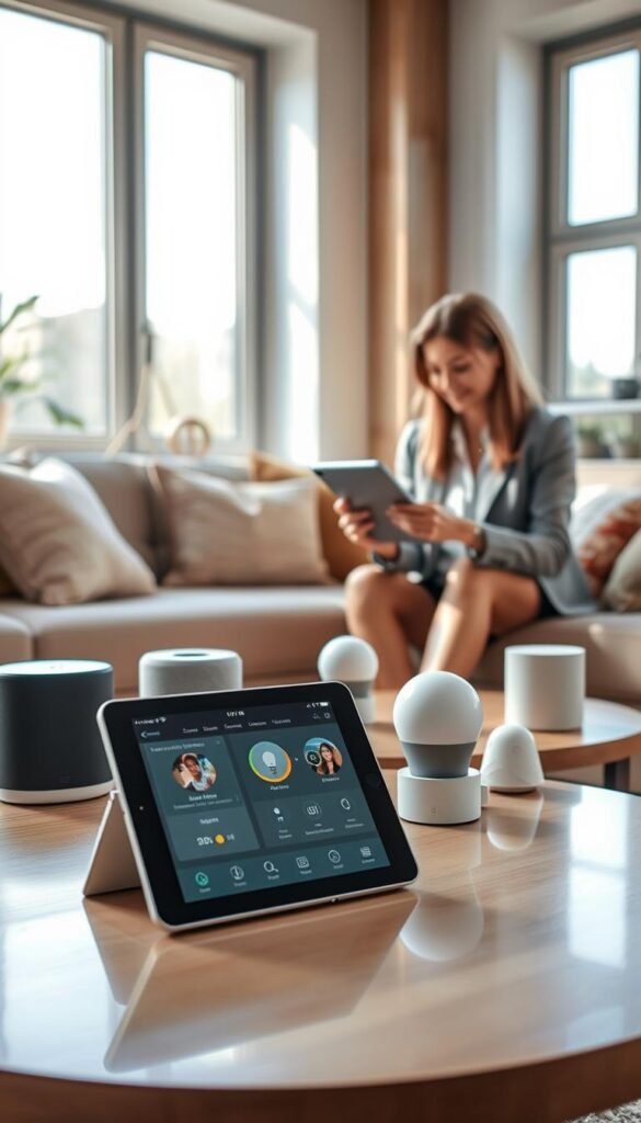 A cozy, modern living room featuring a variety of smart home devices set up on a stylish coffee table. In the foreground, a sleek tablet displaying a user-friendly smart home app. The middle ground showcases smart speakers, a smart light bulb, and a home assistant device arranged neatly, with a minimalist decorative style. In the background, large windows let in soft, natural light, illuminating the warm wood tones and inviting textures of the space. A professional woman in smart casual attire is interacting with the tablet, showing a sense of engagement and ease in the setup process. The atmosphere is bright and cheerful, evoking a feeling of modernity and convenience, ideal for demonstrating "setup time." Capture this scene in a clear, high-resolution, Pinterest-style lifestyle photo for GoodHomeFinds.
