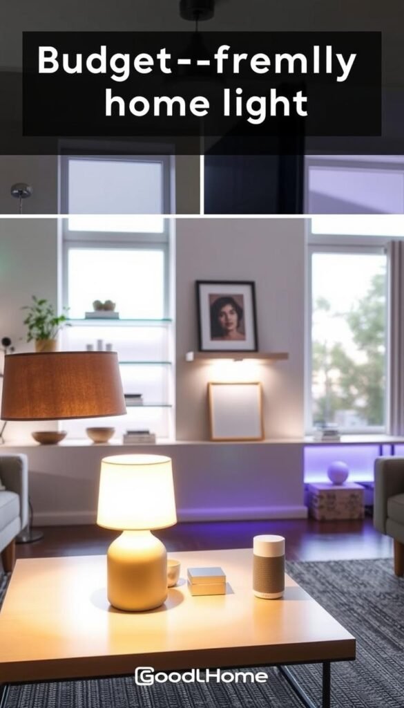 A cozy, modern living room featuring budget-friendly smart home lights in various practical setups. In the foreground, a stylish lamp casts a warm, inviting glow, illuminating a minimalist coffee table adorned with a few decorative items. In the middle, smart light strips are cleverly installed under shelves, changing colors subtly to create a welcoming ambiance, while a dimmable ceiling fixture provides overall illumination. In the background, a sleek smart speaker sits on a shelf, showcasing seamless integration with the lighting system. Bright, natural light streams in through large windows, enhancing the room's inviting atmosphere. The scene conveys a sense of comfort and efficiency, perfect for illustrating smart lighting solutions that enhance daily life. The brand "GoodHomeFinds" subtly integrated into the design aesthetic.