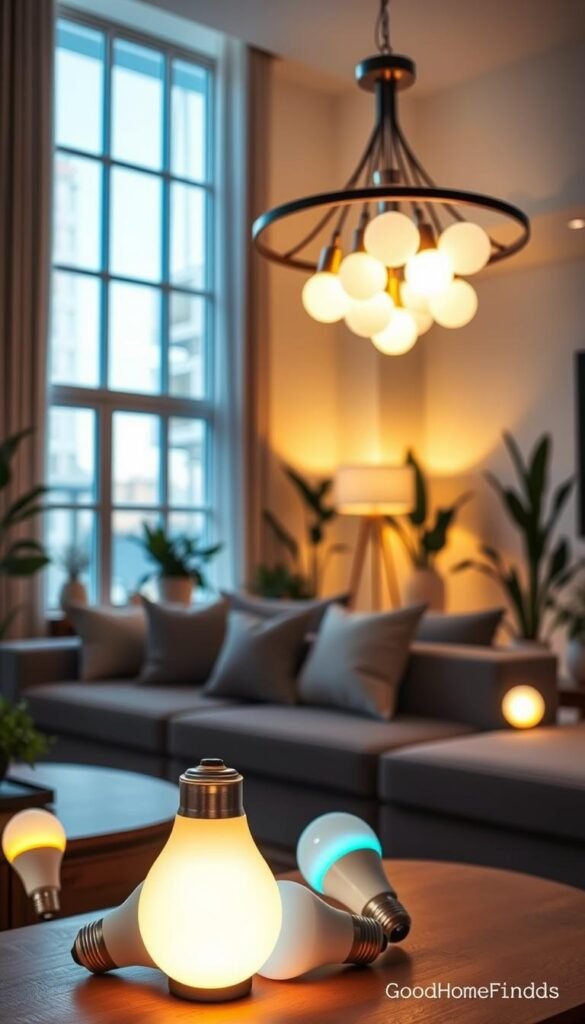 A cozy, modern living room featuring several stylish smart light bulbs installed in elegant fixtures. In the foreground, a sleek table lamp with a warm glow sits on a wooden coffee table, illuminating a comfortable sofa adorned with soft cushions. In the middle, a smart ceiling chandelier showcases various light colors, highlighting its energy-efficient design. The background features large windows allowing natural sunlight to filter in, casting gentle shadows and creating a calm atmosphere. The room is decorated in neutral tones with potted plants adding a touch of nature. Soft, diffused lighting enhances the inviting mood, creating a sense of relaxation and modern convenience. The setting embodies the essence of practical home technology. Image inspired by GoodHomeFinds.