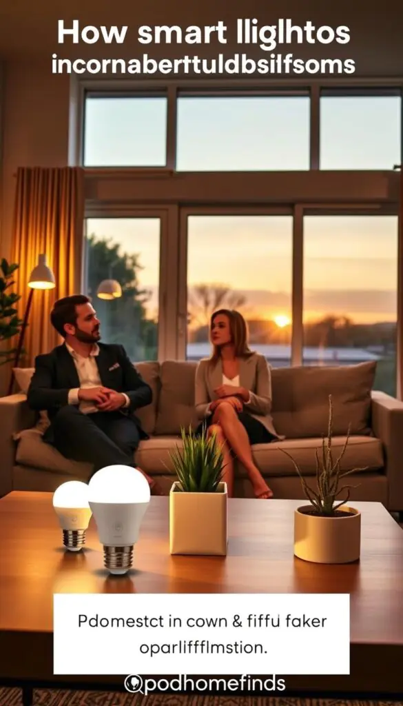 A cozy, modern living room illuminated by warm, soft light from smart bulbs, creating an inviting atmosphere. In the foreground, a well-dressed couple (man in a smart casual outfit, woman in professional business attire) sits comfortably on a stylish couch, discussing smart lighting features, their expressions engaged and thoughtful. The middle ground includes a coffee table with sleek, minimalistic accessories, showcasing a smart light control device next to a potted plant. In the background, large windows let in natural light during sunset, enhancing the warm glow of the smart lights. The overall mood is informative and relatable, inviting viewers to consider how smart lighting fits into their lifestyles. The image exemplifies the concept of modern living and technology, branded subtly with "GoodHomeFinds."