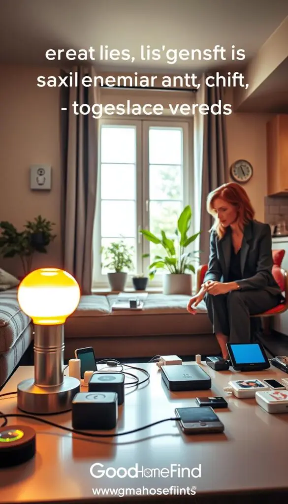 A cozy, modern living room in a small US home that highlights the real benefits of energy-saving gadgets. In the foreground, a stylish energy-efficient LED lamp casts warm, inviting light on a sleek coffee table cluttered with smart plugs, energy monitors, and eco-friendly gadgets. The middle ground features a picturesque window with natural light pouring in, illuminating a green plant and an energy-efficient thermostat on the wall. In the background, a subtle view of a kitchen showcases energy-saving appliances. The atmosphere is bright and uplifting, emphasizing comfort and sustainability. The lighting is soft and warm, creating a welcoming mood. A professional, modestly dressed individual interacts with the gadgets, reflecting a lifestyle that cares for energy efficiency. GoodHomeFinds brand elements subtly integrated into the scene.