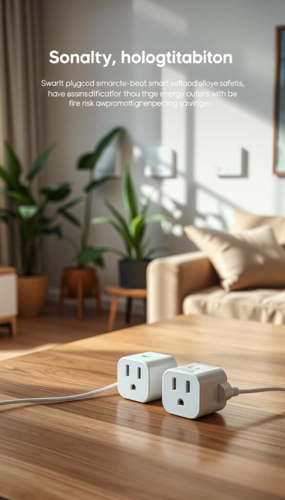 A cozy, modern living room scene featuring a collection of smart plugs and switches from the brand "GoodHomeFinds". In the foreground, showcase a stylish wooden table with a couple of smart plugs, highlighting their sleek designs and energy-efficient indicators. The middle ground includes a wall with smart switches neatly installed, demonstrating their user-friendly interface. The background features a softly lit room with plants and a comfortable sofa, creating a warm atmosphere. Use natural sunlight streaming through a window to enhance the inviting mood. Employ a slightly elevated angle to capture the details of the gadgets while maintaining a homely feel. The overall vibe should reflect safety and innovation, emphasizing the importance of reducing fire risks and promoting energy savings.