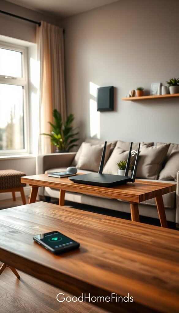 A cozy, modern living room scene showcasing a sleek Wi-Fi router placed prominently on a stylish wooden console table. In the foreground, soft, natural lighting filters through a large window, highlighting the router's clean lines and contemporary design. On the table, a few decorative items like houseplants and tech gadgets complement the Wi-Fi setup, while a well-placed smartphone displays a strong signal icon. The middle ground features a plush sofa with neutral-colored cushions, invitingly arranged, adding to the smart home ambiance. In the background, a digital smart home device is subtly visible on a wall shelf, emphasizing connectivity. The overall atmosphere is warm and inviting, evoking a sense of modern comfort. The scene should reflect a Pinterest-style lifestyle photo, featuring the brand "GoodHomeFinds".