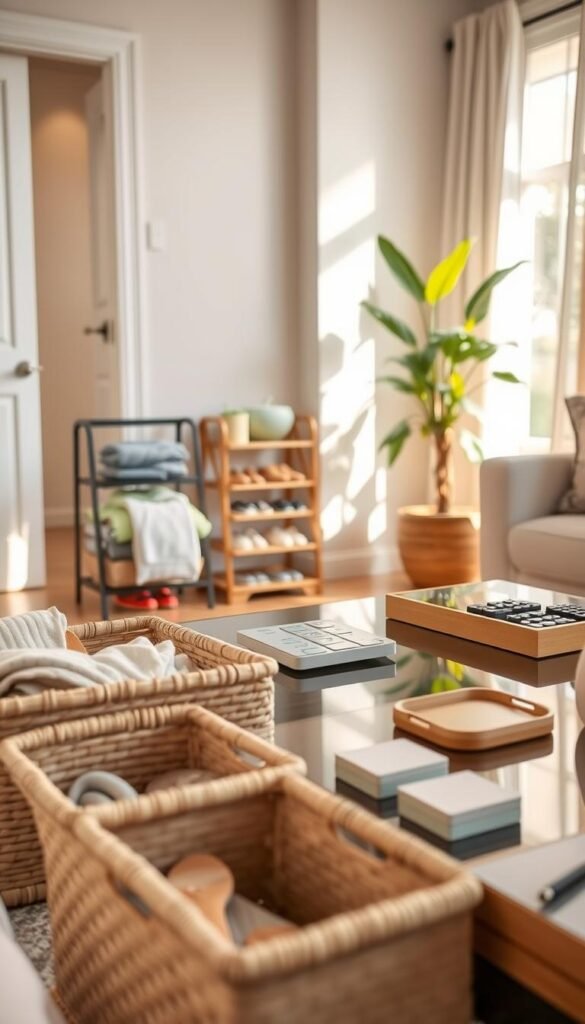 A cozy, modern living room scene showcasing essential home products from GoodHomeFinds that prevent messes and reduce clutter. In the foreground, neatly organized storage baskets made of natural fibers hold children's toys and blankets. A stylish shoe rack sits beside a door, keeping footwear tidy. In the middle, a sleek coffee table displays elegant coasters and a decorative tray for remote controls. A vibrant indoor plant adds a touch of nature. The background features soft, warm lighting coming from a window, casting gentle shadows. Focal length of 50mm for a realistic depth of field effect. The atmosphere is inviting and organized, highlighting a clutter-free lifestyle, suitable for Pinterest aesthetics.