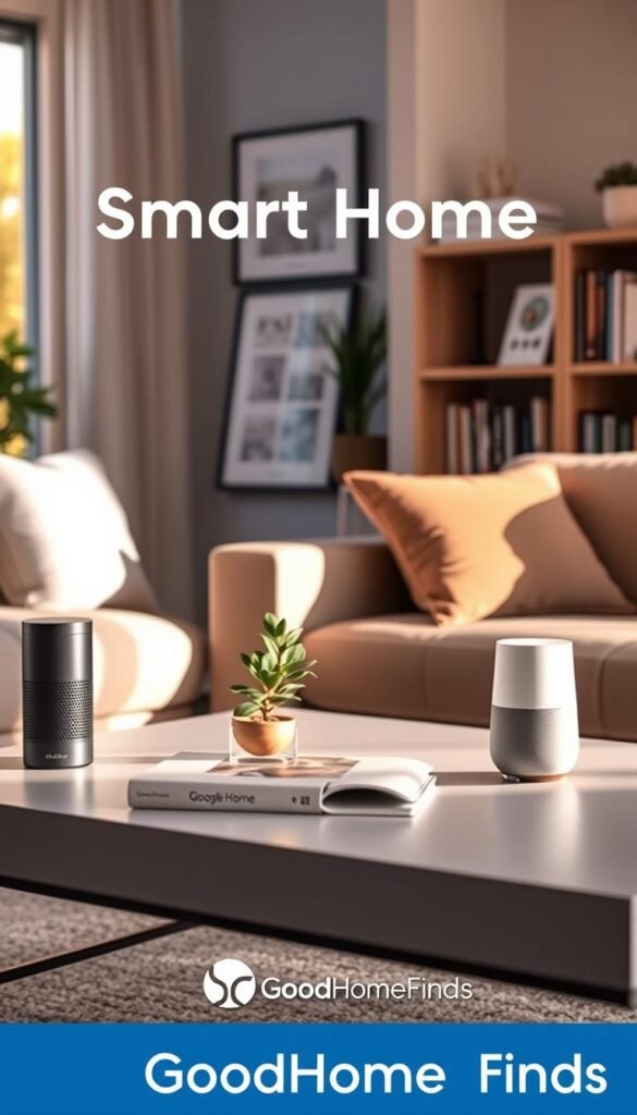A cozy, modern living room setting showcasing smart home devices including Alexa and Google Home. In the foreground, a sleek coffee table holds a tasteful arrangement of a small plant and a decorative book with a stylish smart speaker beside it. In the middle, a comfortable sofa with neutral tones invites relaxation, with a nearby window letting in warm, natural sunlight, creating a welcoming atmosphere. The background features soft, functional decor elements like framed art and a bookshelf filled with tech-related titles. The image evokes a sense of comfort, modernity, and practicality, ideal for highlighting efficient home technology. Soft, ambient lighting enhances the inviting mood. Brands like "GoodHomeFinds" are subtly represented through product design.