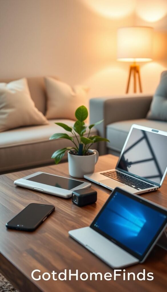 A cozy, modern living room setting showcasing various users' devices arranged neatly on a stylish coffee table. Foreground features a sleek smartphone, a lightweight laptop, and a tablet, all displaying user-friendly interfaces. In the middle, a plush sofa and a potted plant create a welcoming atmosphere. The background highlights a soft, warm glow from a nearby lamp, casting gentle light across the room. The scene is captured with a slightly elevated camera angle, emphasizing the harmony between technology and comfort. The mood is relaxed and inviting, perfect for illustrating a balance between privacy-friendly tech and simplicity in daily life. The style reflects the aesthetic of "GoodHomeFinds," focusing on realism and lifestyle appeal, without any text or distracting elements.