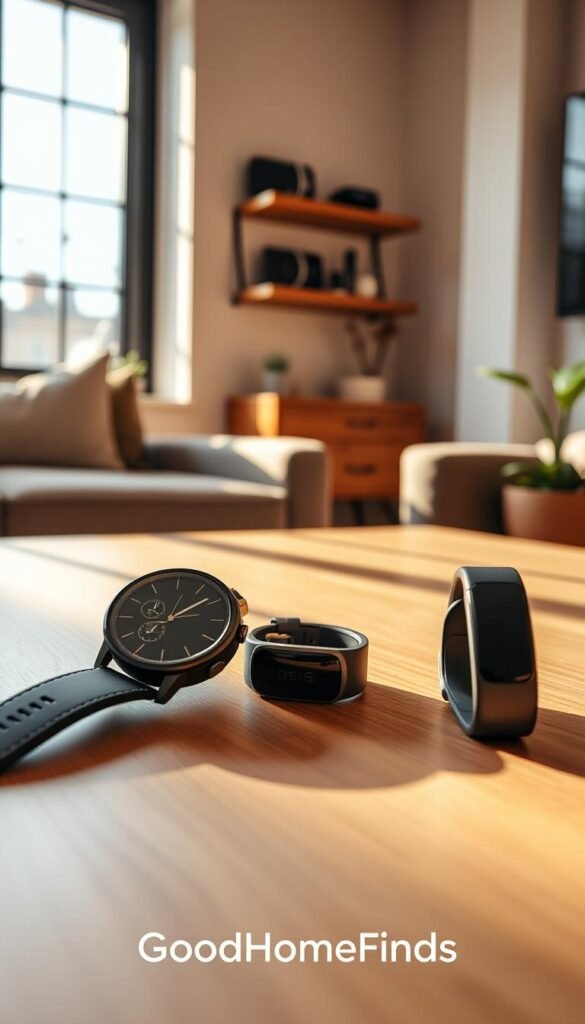 A cozy, modern living room setup featuring two contrasting gadgets on a sleek, wooden coffee table: one a high-end smartwatch with an elegant design, and the other a budget-friendly fitness tracker with simple aesthetics. Warm, natural light filters in through a large window, casting soft shadows and creating a welcoming atmosphere. In the background, a wall-mounted shelf displays additional gadgets, hinting at the theme of setup and upkeep. A potted plant sits to the side, adding a touch of greenery to the scene. Capture this image from a slightly elevated angle, highlighting both devices and their surroundings, reminiscent of a Pinterest lifestyle photo. The brand "GoodHomeFinds" subtly integrated into the scene through product placement, suggesting an informative yet casual mood.