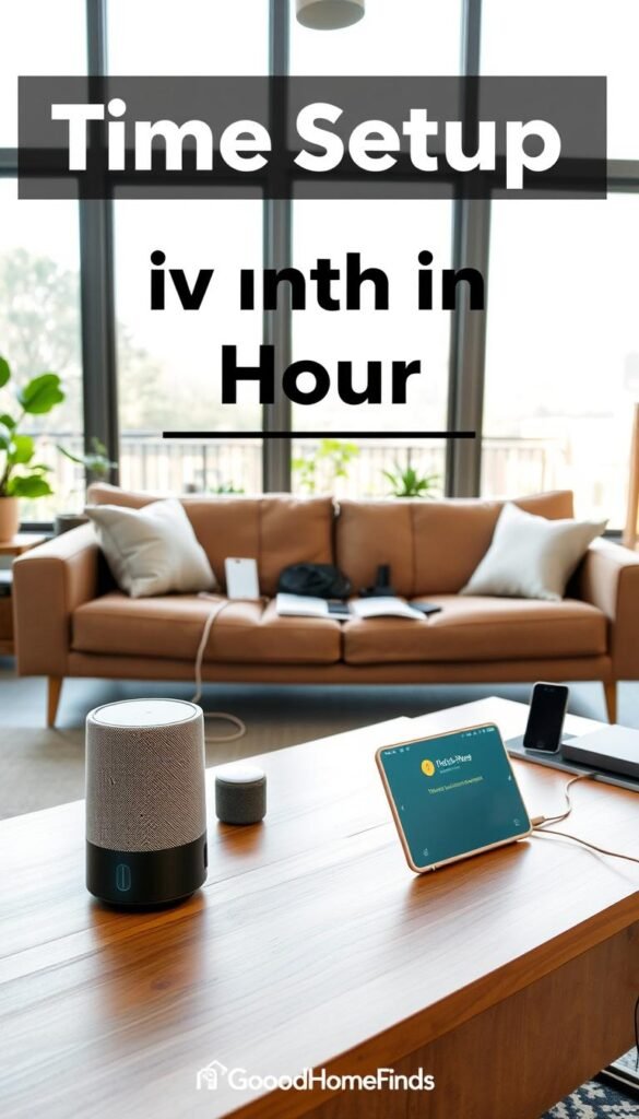A cozy, modern living room setup showcasing a "time setup" for home technology within an hour. In the foreground, a stylish coffee table is adorned with smart home devices, such as a sleek smart speaker and a digital assistant display. In the middle, a comfortable sofa is arranged with neatly organized charging cables and practical gadget placements. In the background, large windows allow natural light to flood the scene, creating an inviting atmosphere, while subtle greenery adds a touch of freshness. The overall mood is warm and efficient, illustrating the blend of comfort and modern technology. Capture this in bright, natural lighting, with a slight depth of field to focus on the setup, all in a Pinterest-style lifestyle photo, evoking the branding aesthetic of GoodHomeFinds.