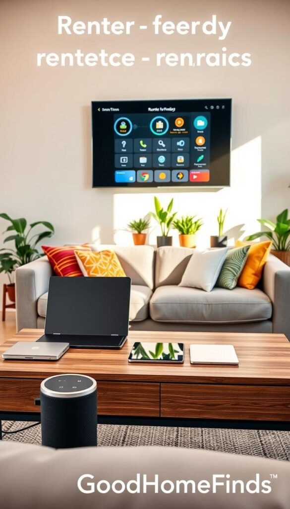 A cozy, modern living room setup showcasing renter-friendly technology. The foreground features a stylish, neatly arranged coffee table with a compact smart speaker next to a laptop and a sleek tablet. In the middle, a comfortable sofa adorned with colorful cushions faces a wall-mounted flat-screen TV, displaying a user-friendly home automation interface. The background reveals a bright window with light flowing in, highlighting potted plants enhancing the greenery and warmth of the space. Soft, natural lighting creates an inviting atmosphere, while an airy layout conveys openness. The scene should evoke a sense of convenience and modern living, without clutter. The branding "GoodHomeFinds" is subtly integrated into the decor, reflecting a trendy lifestyle.