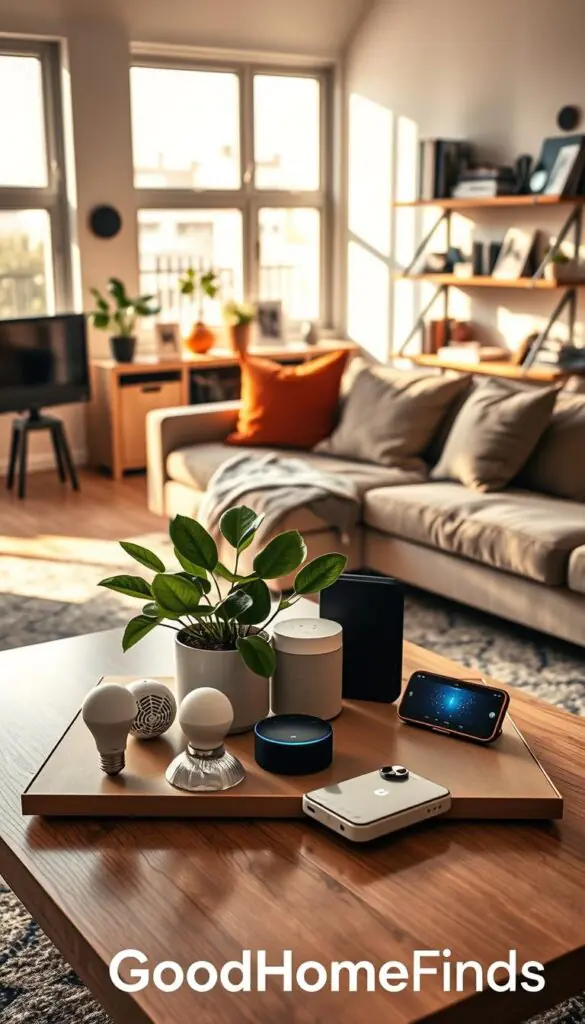 A cozy, modern living room showcasing a smart home setup, bathed in warm, natural light from large windows. In the foreground, a sleek, minimalist coffee table features an assortment of low-power gadgets like smart bulbs, a compact speaker, and a small smart display, artfully arranged with a stylish plant. The middle ground includes a comfortable sofa with plush cushions, invitingly positioned near a wall-mounted digital assistant. In the background, shelves are filled with smart home devices, books, and decorative items, emphasizing the integration of technology in small spaces. The atmosphere is serene and inviting, perfect for a Pinterest-style lifestyle photo. GoodHomeFinds branding subtly integrated in the scene.