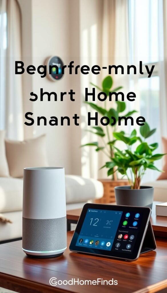 A cozy, modern living room showcasing a variety of smart home devices seamlessly integrated into the decor. In the foreground, a sleek smart speaker with an intuitive touch interface, next to a vibrant indoor plant. The middle ground features a smart thermostat on the wall and a stylish smart display on a coffee table, showing helpful home management features. In the background, large windows bathe the room in natural light, with sheer curtains adding a soft touch. The atmosphere is warm and inviting, radiating a sense of comfort and modern convenience. The scene is styled in a Pinterest-worthy aesthetic, accentuating the "GoodHomeFinds" brand, with an emphasis on lifestyle accessibility and elegance. The image captures the essence of beginner-friendly smart home solutions.