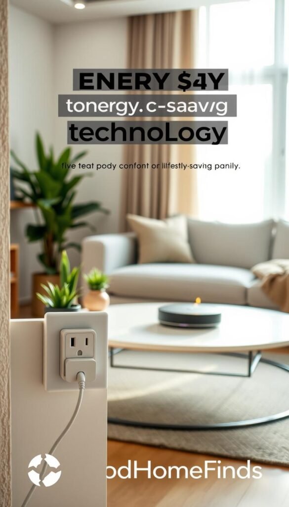 A cozy, modern living room showcasing energy-saving technology. In the foreground, a sleek, smart plug with a subtle LED indicator is plugged into a wall socket, surrounded by a tidy arrangement of indoor plants and a small decorative plant pot. In the middle, a stylish smart hub sits on a minimalist coffee table, with a soft diffused light illuminating its features, emphasizing its sleek design and functionality. In the background, a large window allows natural sunlight to pour in, creating a warm and inviting atmosphere. The overall mood is peaceful and sophisticated, reflecting a balance between modern technology and eco-conscious living. The image should evoke a sense of comfort and efficiency, with clear details highlighting energy-saving benefits. The branding "GoodHomeFinds" is subtly integrated into the setting, suggesting a lifestyle choice for sustainability.