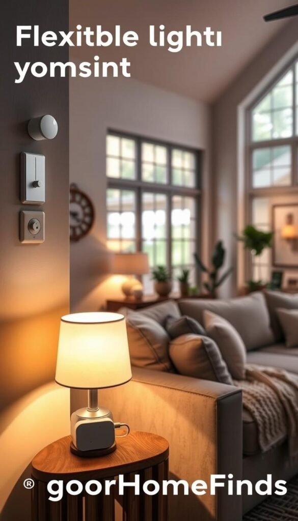 A cozy, modern living room showcasing flexible lighting options, featuring a sleek dimmer switch on the wall and a stylish smart plug on a wooden side table. In the foreground, a warm table lamp emits soft, ambient light, enhancing the inviting atmosphere. The middle ground highlights a comfortable sectional sofa with elegant cushions, and a decorative throw, bathed in a gentle glow from various light sources. In the background, large windows allow natural light to softly filter in, illuminating houseplants and artwork. The mood is both relaxing and functional, capturing the essence of smart home upgrades. The overall composition is inspired by Pinterest-style lifestyle photos, intended for "GoodHomeFinds", with a focus on practicality and aesthetic appeal.