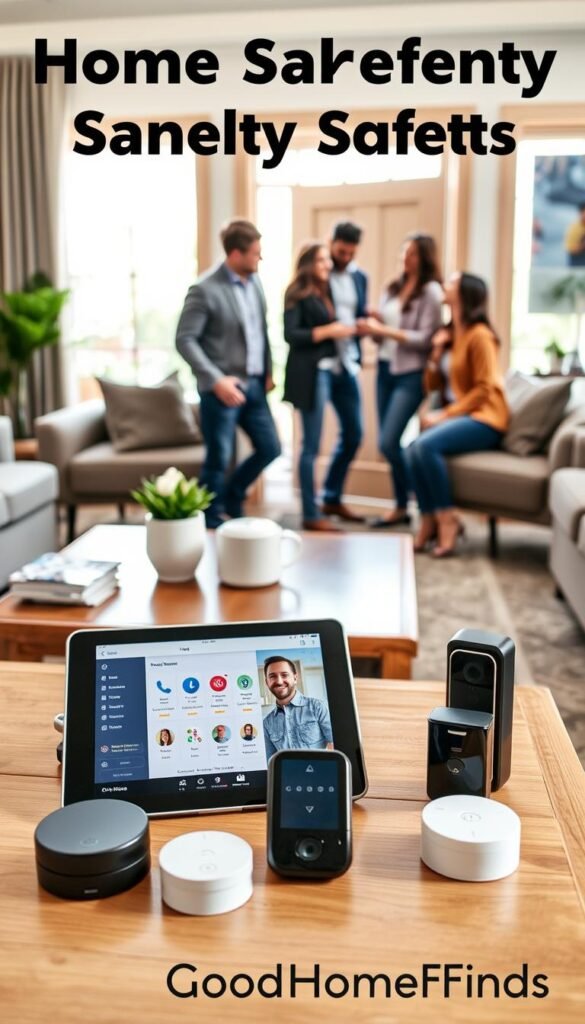 A cozy, modern living room showcasing home safety tech in a warm, inviting atmosphere. In the foreground, a stylish, tablet displaying a home security app sits on a coffee table alongside a set of smart home devices, like a smoke detector and a security camera, both sleek and unobtrusive. In the middle, a family of four, dressed in casual yet professional clothing, interacts happily as they install a smart lock on the front door, highlighting the ease of use. The background features a well-lit space with large windows allowing natural light to flood in, giving a sense of openness. The entire scene conveys a sense of comfort, security, and modern living, making home safety feel accessible and non-intrusive. Ideal for a lifestyle photo that feels relatable yet aspirational, branded with "GoodHomeFinds."