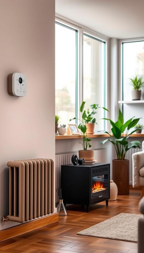A cozy, modern living room showcasing innovative space-saving heating solutions from GoodHomeFinds. In the foreground, a sleek and compact wall-mounted radiator with a minimalist design, radiating gentle warmth with a soft glow. The middle ground features a stylish, small electric fireplace, with flickering flames providing a warm ambiance against a neutral backdrop. To the side, a decorative shelf displays smart thermostats and energy-efficient heating controls. In the background, large windows allow natural light to flood the space, illuminating potted plants that enhance the room's liveliness. The mood is inviting and comfortable, emphasizing the blend of technology and homey atmosphere, captured in a warm tone using soft lighting. The photo is taken at eye level with a shallow depth of field, allowing the heating solutions to be the focal point while maintaining a harmonious environment.