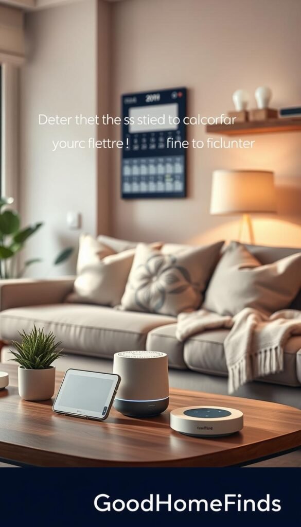 A cozy, modern living room showcasing smart home devices that enhance daily routines without clutter. In the foreground, a sleek, voice-activated smart assistant with a touch screen sits on a stylish coffee table, alongside a minimalist smart thermostat and a small indoor plant for a touch of nature. In the middle ground, a comfortable sofa with neutral-toned cushions and a light throw blanket complements a wall-mounted smart display featuring a neat calendar of reminders. The background reveals a well-organized shelf with smart light bulbs and a wireless charging station, all bathed in warm, natural light from a nearby window. The atmosphere is inviting and serene, capturing the essence of convenience and functionality. Emphasize the brand "GoodHomeFinds" throughout, conveying a sense of modernity and ease in home management.