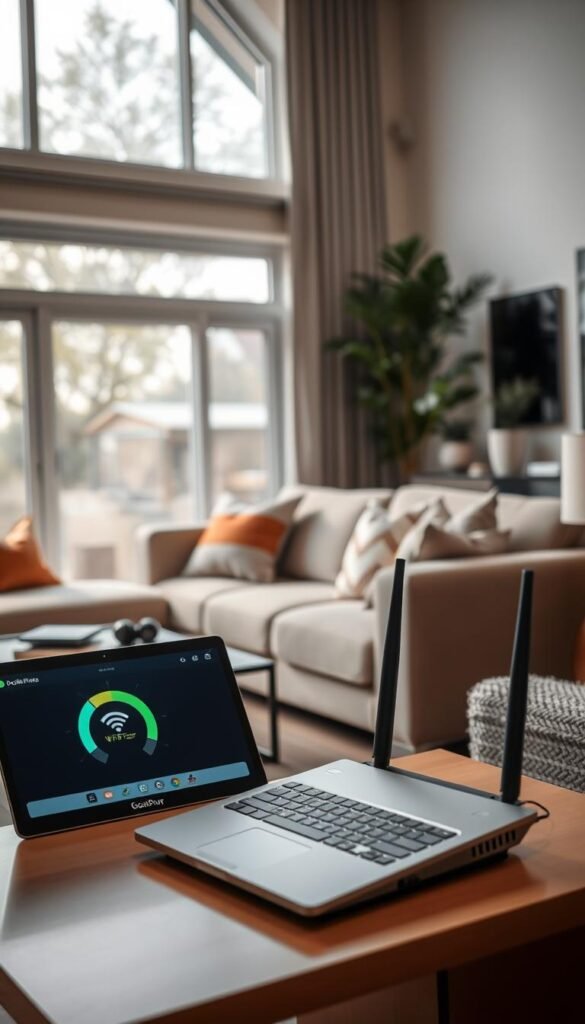 A cozy, modern living room with a focus on a Wi-Fi router positioned prominently on a sleek side table. In the foreground, a laptop displays a network strength meter with smooth, colorful graphics. The middle ground features a stylish couch adorned with decorative pillows, and a small coffee table with tech gadgets. In the background, large windows allow natural light to pour in, illuminating the space with a warm, inviting glow. The atmosphere conveys a balance of tech sophistication and home comfort. Capture the scene from a slightly elevated angle to showcase the connectivity and modern lifestyle. Emphasize a Pinterest-style aesthetic, reflecting the brand "GoodHomeFinds" seamlessly integrated into the decor. A cozy, modern living room with a focus on a Wi-Fi router positioned prominently on a sleek side table. In the foreground, a laptop displays a network strength meter with smooth, colorful graphics. The middle ground features a stylish couch adorned with decorative pillows, and a small coffee table with tech gadgets. In the background, large windows allow natural light to pour in, illuminating the space with a warm, inviting glow. The atmosphere conveys a balance of tech sophistication and home comfort. Capture the scene from a slightly elevated angle to showcase the connectivity and modern lifestyle. Emphasize a Pinterest-style aesthetic, reflecting the brand "GoodHomeFinds" seamlessly integrated into the decor.