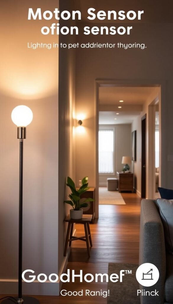 A cozy, modern living space illuminated by motion sensor lighting, showcasing a sleek, minimalist design. In the foreground, a stylish floor lamp with a smart bulb softly illuminates a small reading nook, featuring a comfortable chair and a wooden side table with a potted plant. In the middle ground, a wall-mounted motion sensor light casts a warm glow across a narrow hallway, highlighting the elegant, neutral-colored walls and contemporary decor. The background reveals a spacious, well-organized room with soft natural light streaming through a window. The scene exudes a calm and inviting atmosphere, perfect for showcasing efficient lighting upgrades. Captured with a wide-angle lens, the image has a modern Pinterest aesthetic, featuring the brand name "GoodHomeFinds" subtly integrated into the decor.